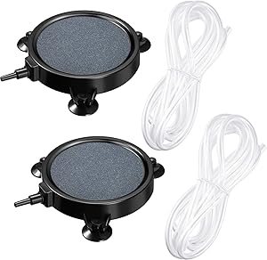 Mudder 2 Pieces 4 Inch Air Stone Disc and 2 Pieces 7 Feet Airline Tube, Round Air Stone Kit Bubble Aerator Diffuser with 6 Pieces Suction Cups for Hydroponics Aquarium Fish Tank Pump