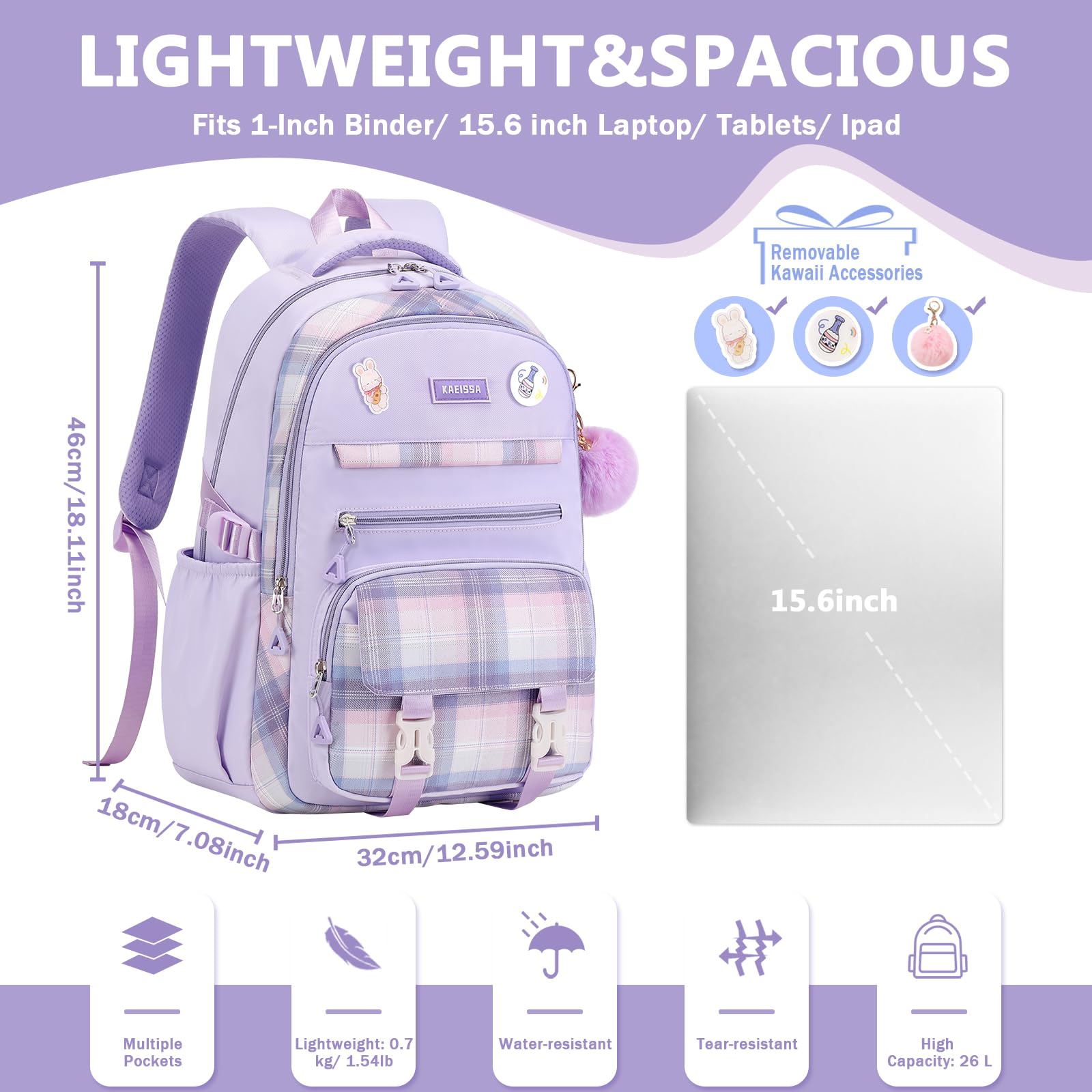 Girls Backpack for School, Kawaii Bookbag for Teen Multiple Pockets Kids Backpack for Primary Elementary Middle School, Age 6-14,Purple