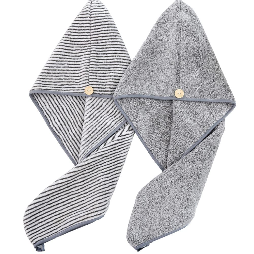 Heacoz Super Absorbent Microfibre Hair Towel wrap for Women - Quick Dry, Soft Hair Drying Cap (2 Pack, Grey & Stripe)