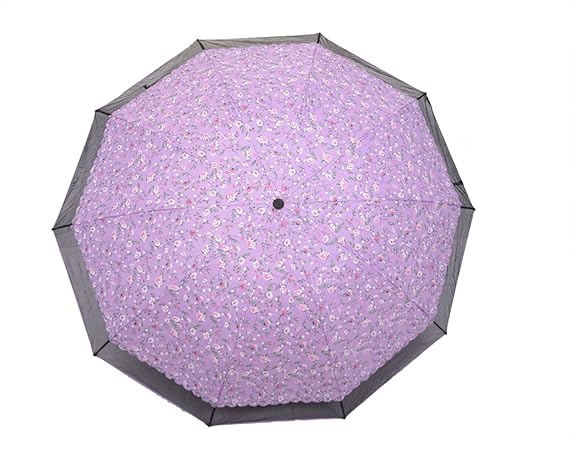 Sky Net Frill Border Flower Print 3 Folding Anti-UV Protection and Dome Shape Sun Rain Umbrella for Women (Light Violet)