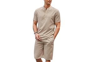 COOFANDY Men's 2 Pieces Linen Set Casual Henley Shirts Short Sleeve Beach Yoga Shorts Summer Pants Outfits