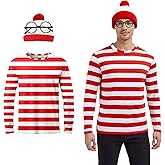 DJKFAEK Red and White Striped Shirt Costume Set for Adults with Hat and Round Glasses, Men's Halloween Party Outfit (L)
