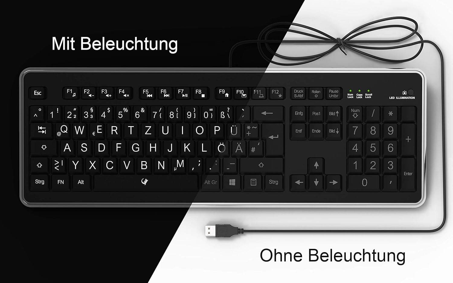 Lacerto® German keyboard (QWERTZ) with large letters, white LED lighting and USB port, for