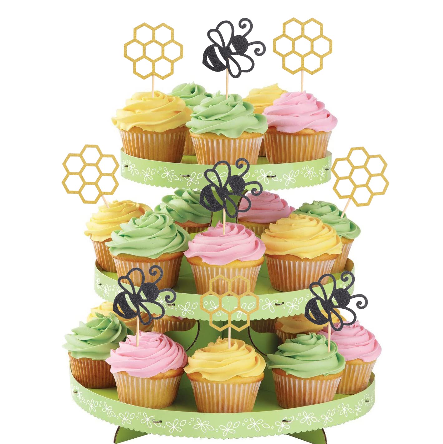 48 Pcs Bumble bee Cupcake Toppers - Black Glitter Bee Gold Glitter Honeycomb Baby Gender Reveal Cupcake Topper, Bee Themed Party/Baby Shower/Baby Birthday Party Cupcake Decorations Supplies