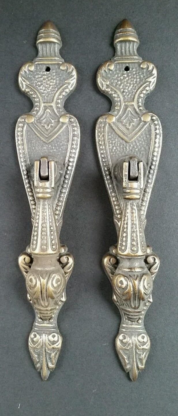 2 Lg Ornate Vertical Teardrop Brass Handle Drawer Pulls 5 7 8