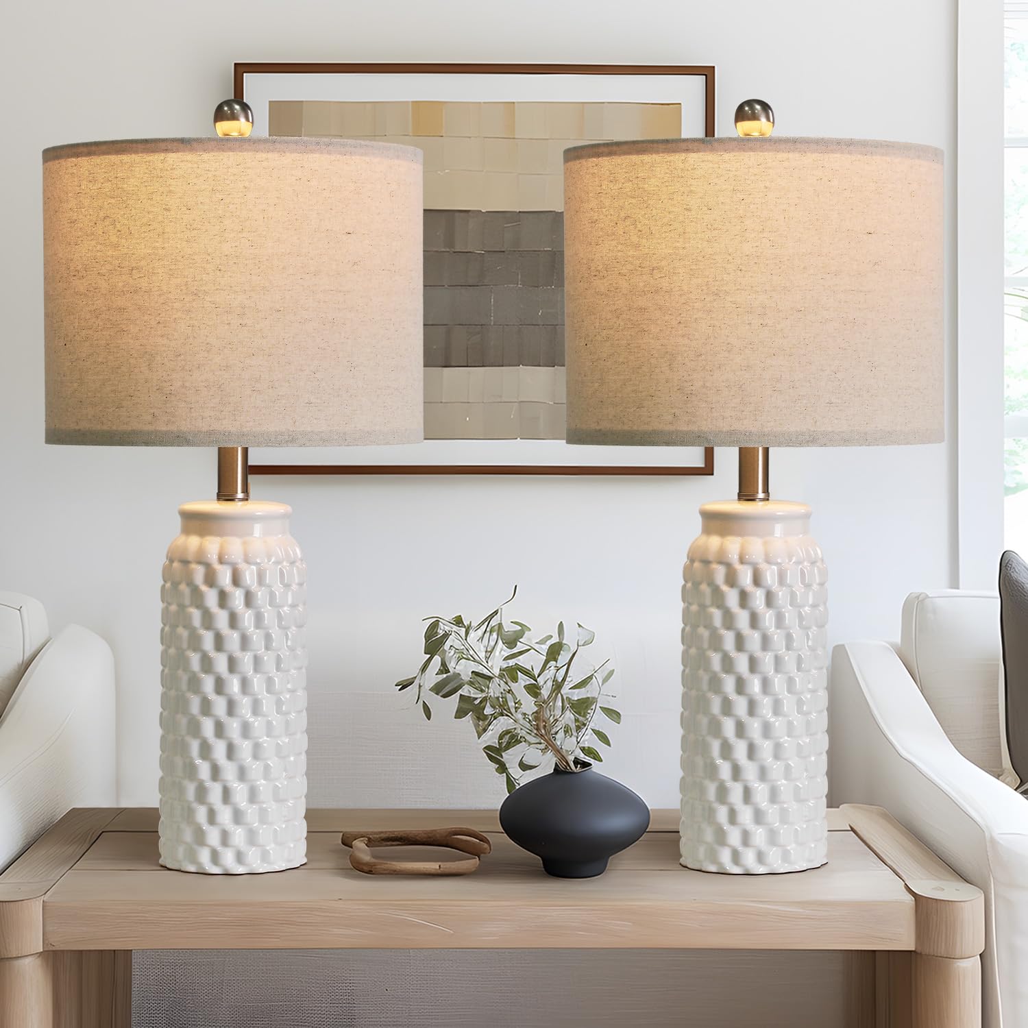 Photo 1 of USumkky 24" Modern Ceramic White Bedside Lamp Set of 2 Table Lamp for Bedroom Decor Farmhouse Table Lamp for Living Room Office Dorm