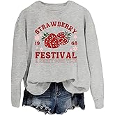 SAUIVD Women's Graphic Tees Strawberry Festivals Sweatshirt for Women Cute Strawberry Sweatshirts Long Sleeve Top Tees