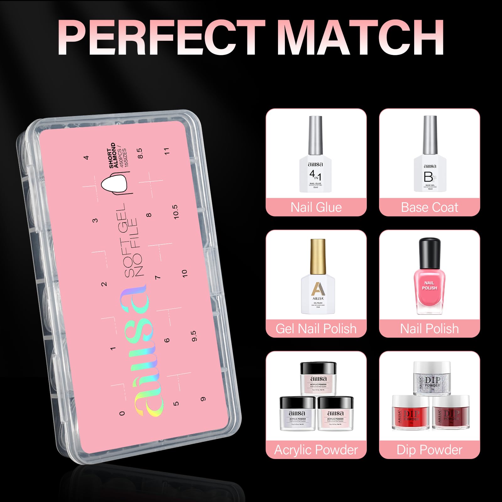 AILLSA Short Almond Nail Tips 450PCS Acrylic Gel Double-sided Matte Clear Pre-Buff Gel Nail Tips No Need Base Coat Press on Nails Tips for Extension 15 Sizes - Image 7