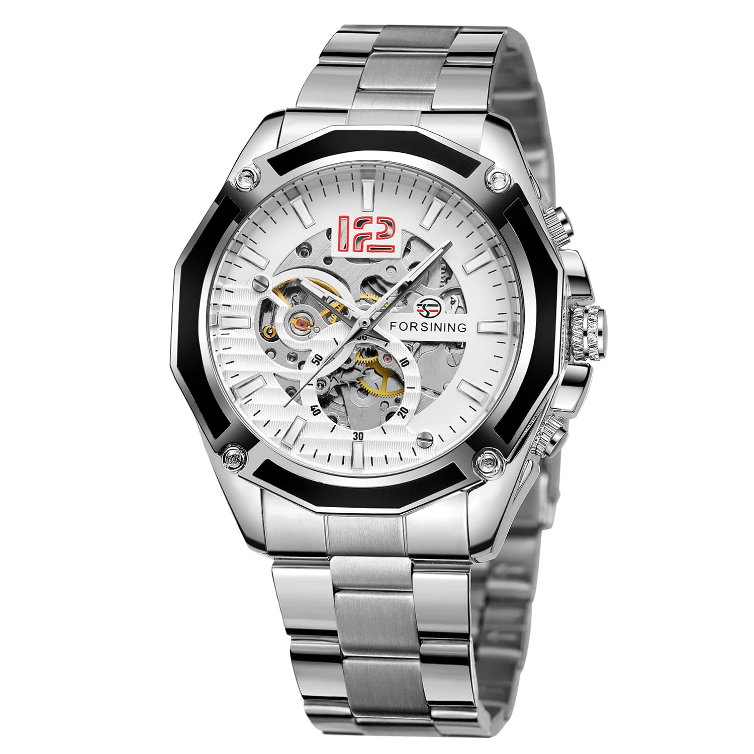 FORSINING Mens Watch Men Luxury Famous Top Brand Automatic Wrist Watch Waterproof Skeleton Mechanical Wristwatches, Silver, Mechanical