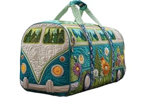 Hippie Van Quilted Duffle Bag,Boho Vintage Floral Weekender Travel Bag,Large Capacity Lightweight Gym Tote for Women (G)