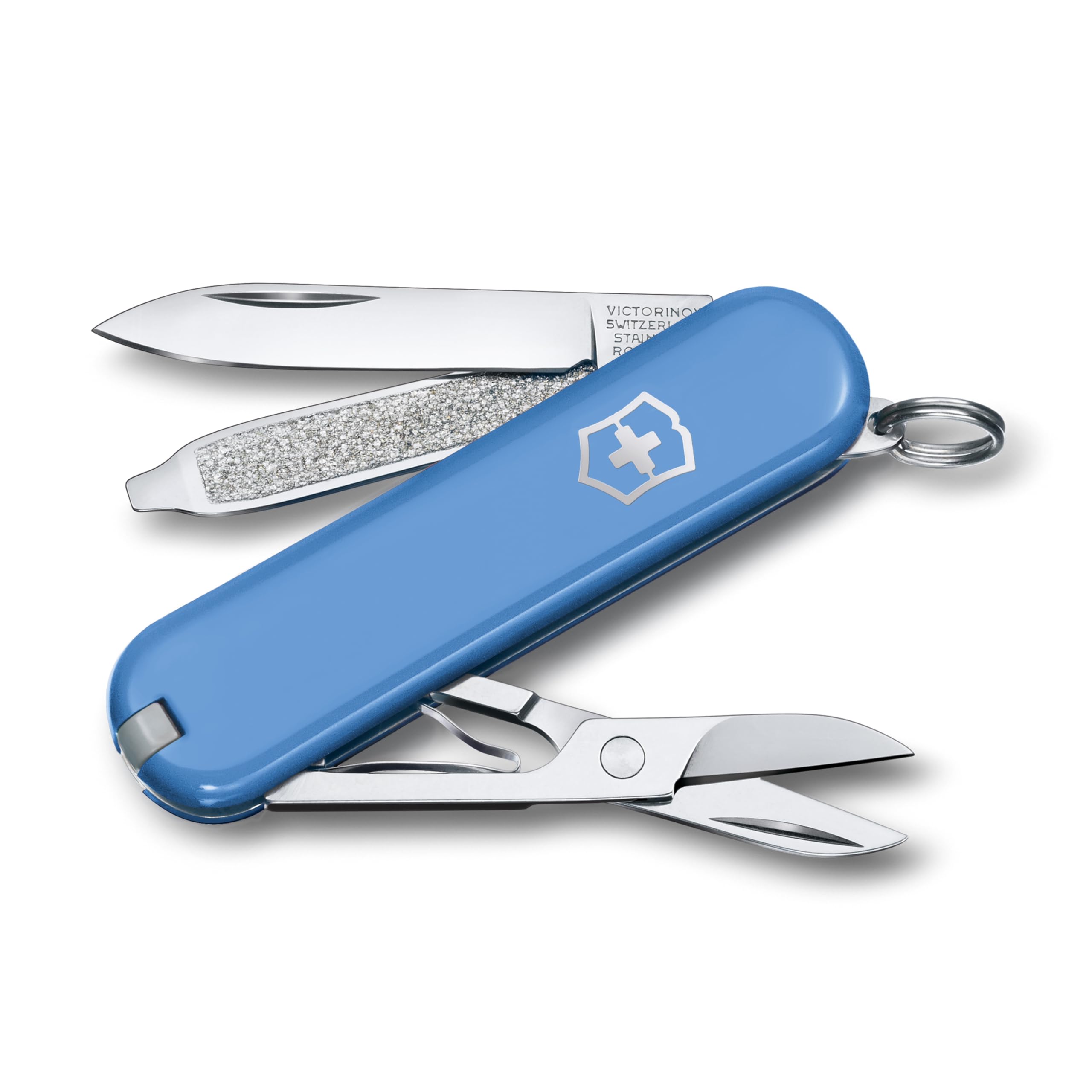 Victorinox Classic SD Mini Swiss Army Knife, Camping Pocket Knives, 7 Functions, Blade, Keyring, Light Blue