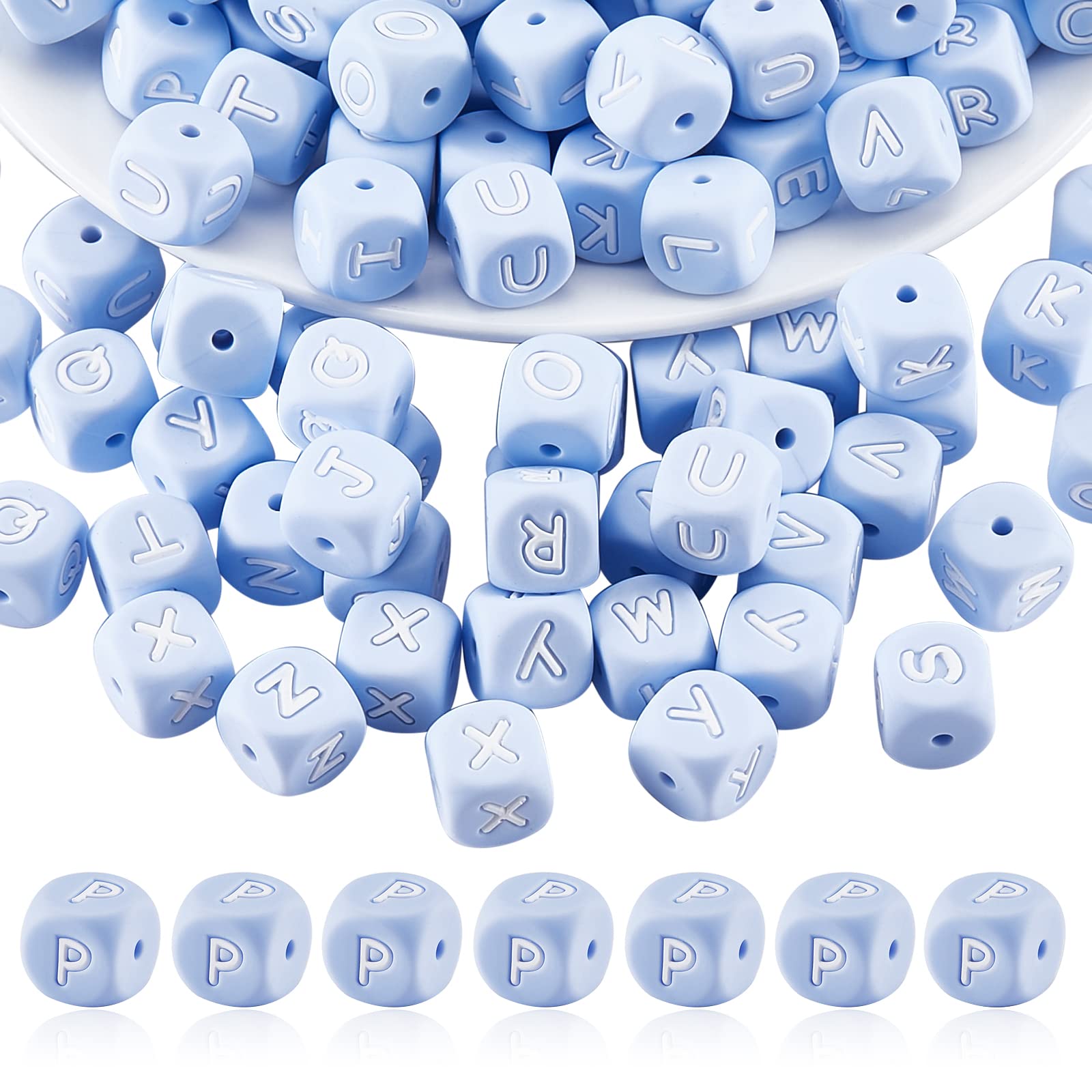 BEEFLYING 20 Pieces Blue Cube Letter Silicone Beads 12mm Square Dice Alphabet Beads Initial Large Hole Loose Spacer Beads for Bracelet Necklace Jewelry Making Decoration (Letter P)