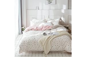 HighBuy Girl Floral Duvet Cover Queen Cotton Pink Flower Coquette Bedding Comforter Covers Queen Bedding Set Pink White Lightweight Soft for Girls Garden Style Duvet Cover Queen for Children