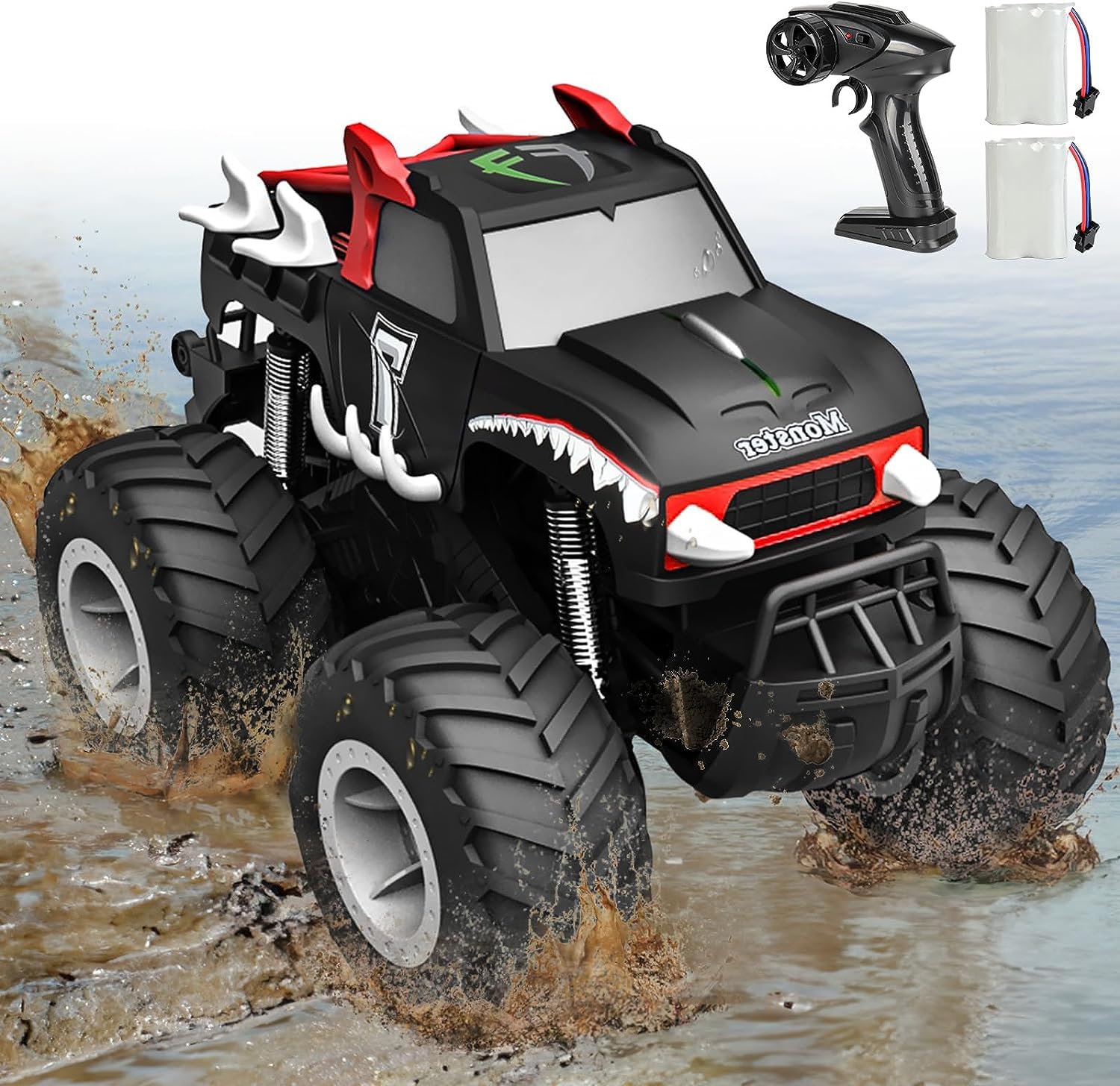 KADAYAYA Amphibious RC Monster Truck 1:16Remote Control Cars for Kids 2.4GHz 4WD All Terrain Remote Control Waterproof Stunt Vehicle 360°rotation for BoysGirls Gifts,2 Rechargeable Batteries,Black