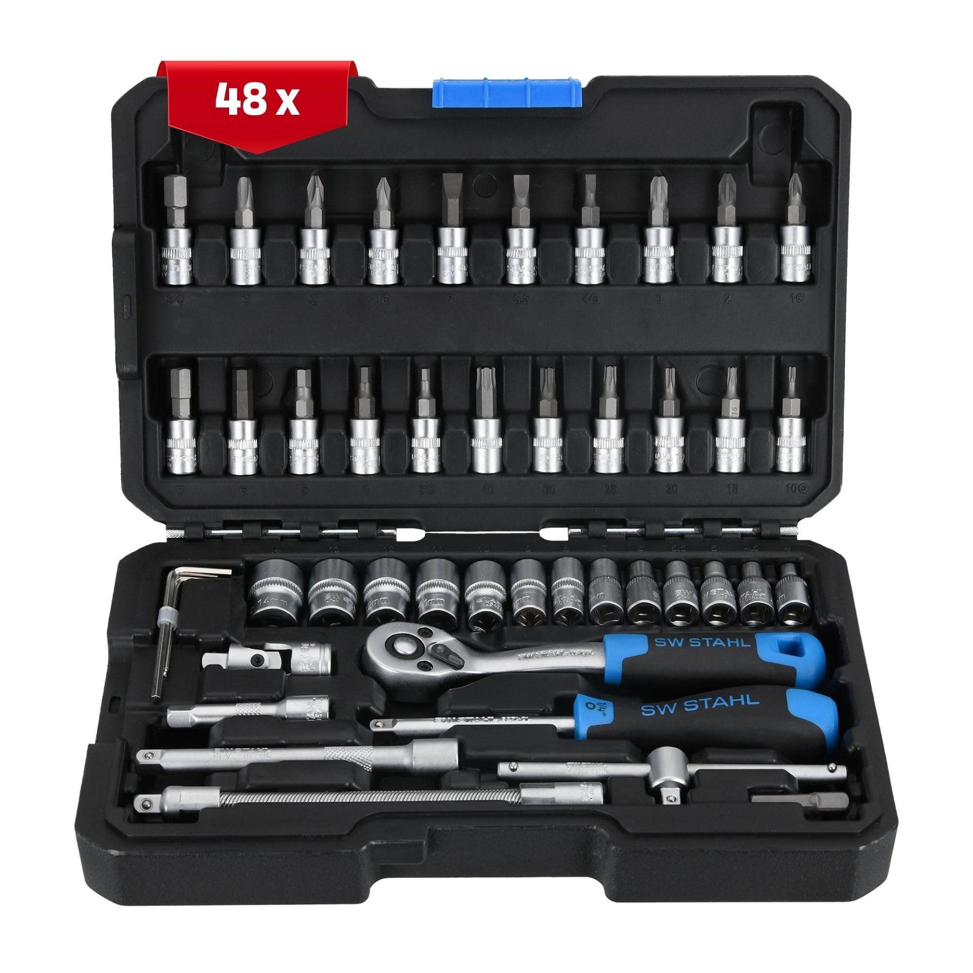 SW-Stahl 07748L Socket Spanner Set 1/4 Inch Hexagonal I Tool Box 48 Pieces I Ratchet Box Small I Ratchet Box for Car I Nut Box with Ratchet I Socket Spanner and Bit Set