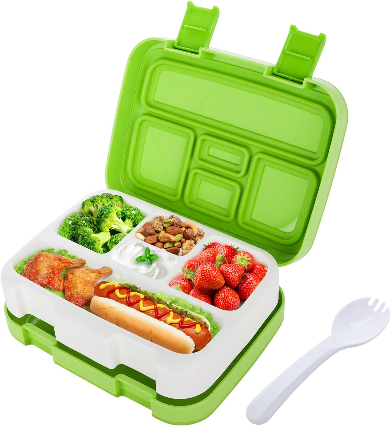 Amazon Com Hometall Lunch Box For Kids Bento Box For Toddler Children School Insulated Plastic Lunch Containers With Spoon 5 Compartments Leakproof Bpa Free Microwave Safe Green Kitchen Dining