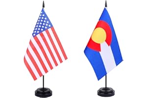 WXTWK 2 Pack USA Colorado Flag Colorado State Desk Flag Set - Mini Small Colorado Table Office Flags with Black 12" Solid Pole Stand Base Classroom Meeting Desktop Decorations