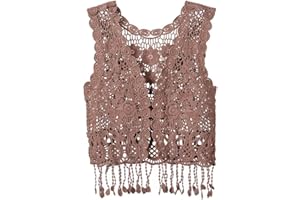 SIUULUZZ Girls Crochet Vest Cardigan with Fringe V-Neck Sleeveless Boho Vest Hollow Out Cardigan