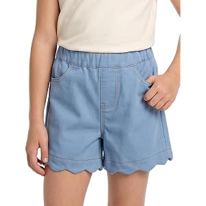 Noomelfish Girls Scalloped Denim Shorts Elastic Waist Cute Summer Jean Shorts with Pockets (5-12 Years)