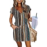 SAUKOLE Women Summer T Shirt Dress Casual Short Sleeve V Neck Dress with Pockets Drawstring Waist Short Dresses