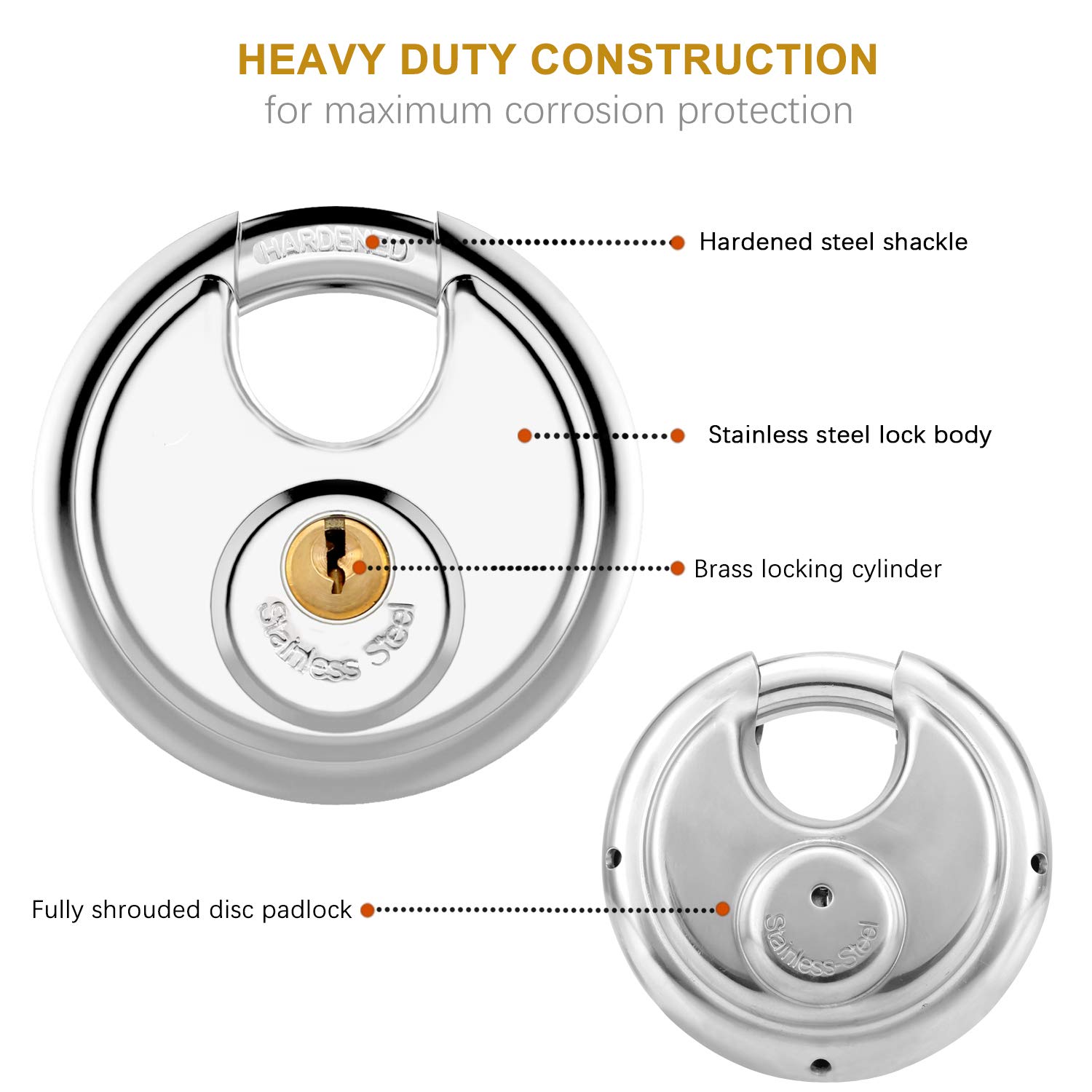 Discus Keyed Padlock Disc Storage Locks with Hardened Steel Shackle for Storage Unit, Moving Trailers, Shed, Fence(3/8-Inch Shackle)
