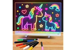HVMVNV Rechargeable Led Drawing Board for Kids, 13.8*10" Dry Erase Board, 4 Modes &7 Colors Glow Doodle Note Board, Include Hanging Chain, 2 Stands, 8 Markers, Spray Bottle, Cleaning Cloth, Christmas Gifts