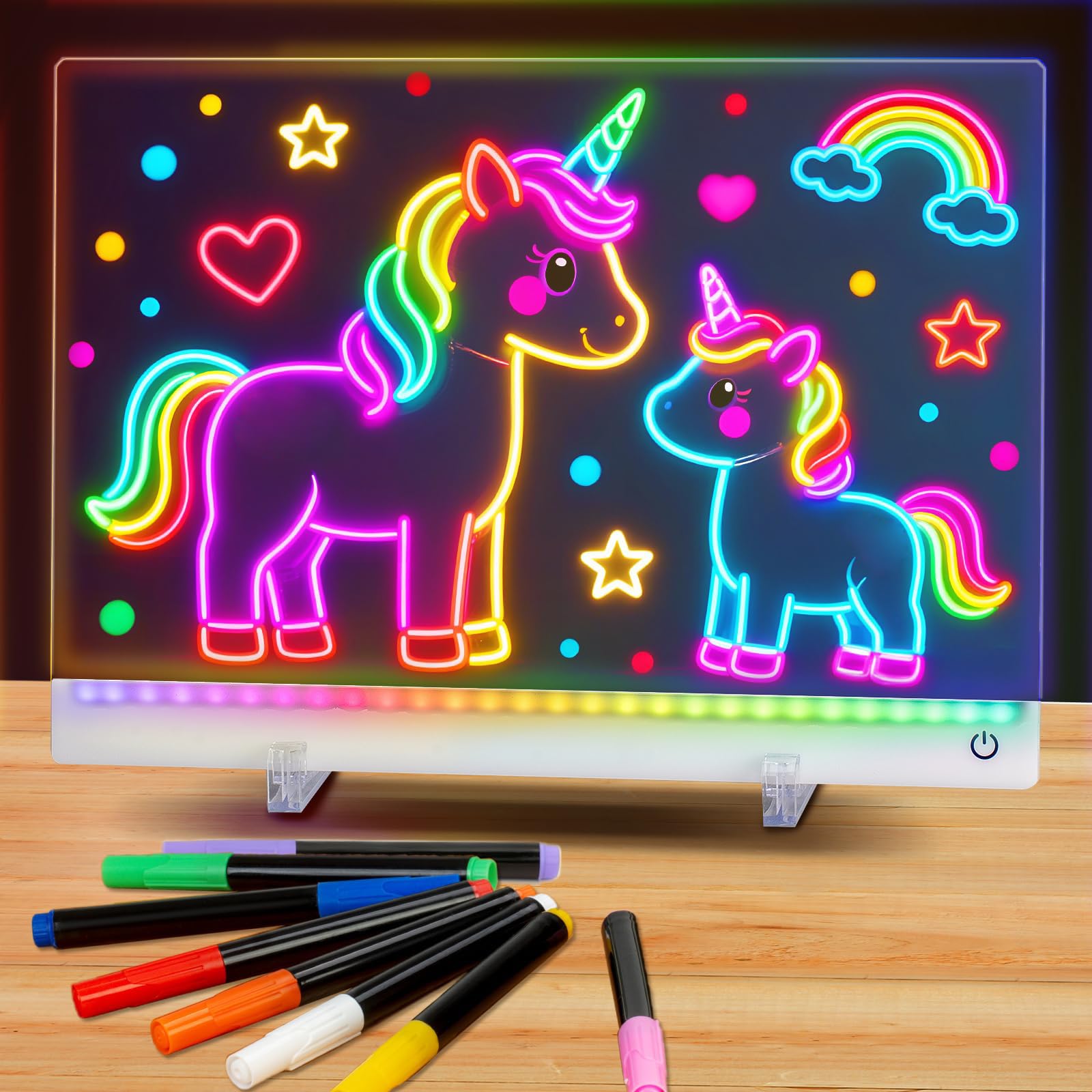 Photo 1 of Rechargeable Led Drawing Board for Kids, 11.8*7.9" Dry Erase Board, 4 Modes &7 Colors Glow Doodle Note Board, Include Hanging Chain, 2 Stands, 8 Markers, Spray Bottle, Cleaning Cloth, Christmas Gifts