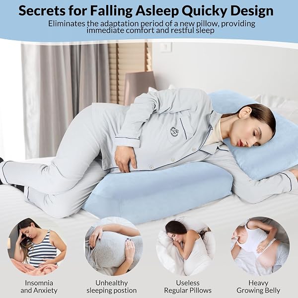 PREGNANCY PILLOW FOR STOMACH SLEEPERS, 45.3 INCH PREGNANCY MASSAGE PILLOW FULL BODY PILLOW WITH REMOVABLE COVER – SUPPORT FOR BACK, LEGS, BELLY, HIPS FOR PREGNANT WOMEN (LIGHT BLUE)