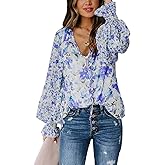 Dokotoo Ladies Summer Floral Printed Blouses for Women V Neck Henley Summer Chiffon T Shirts Work Bohemian Tops Tunic Shirts Small Blue