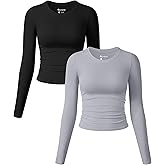 OQQ Womens 2 Piece Shirts Long Sleeve Crew Neck Ruched Stretch Basic Fitted Tee Shirts Tops