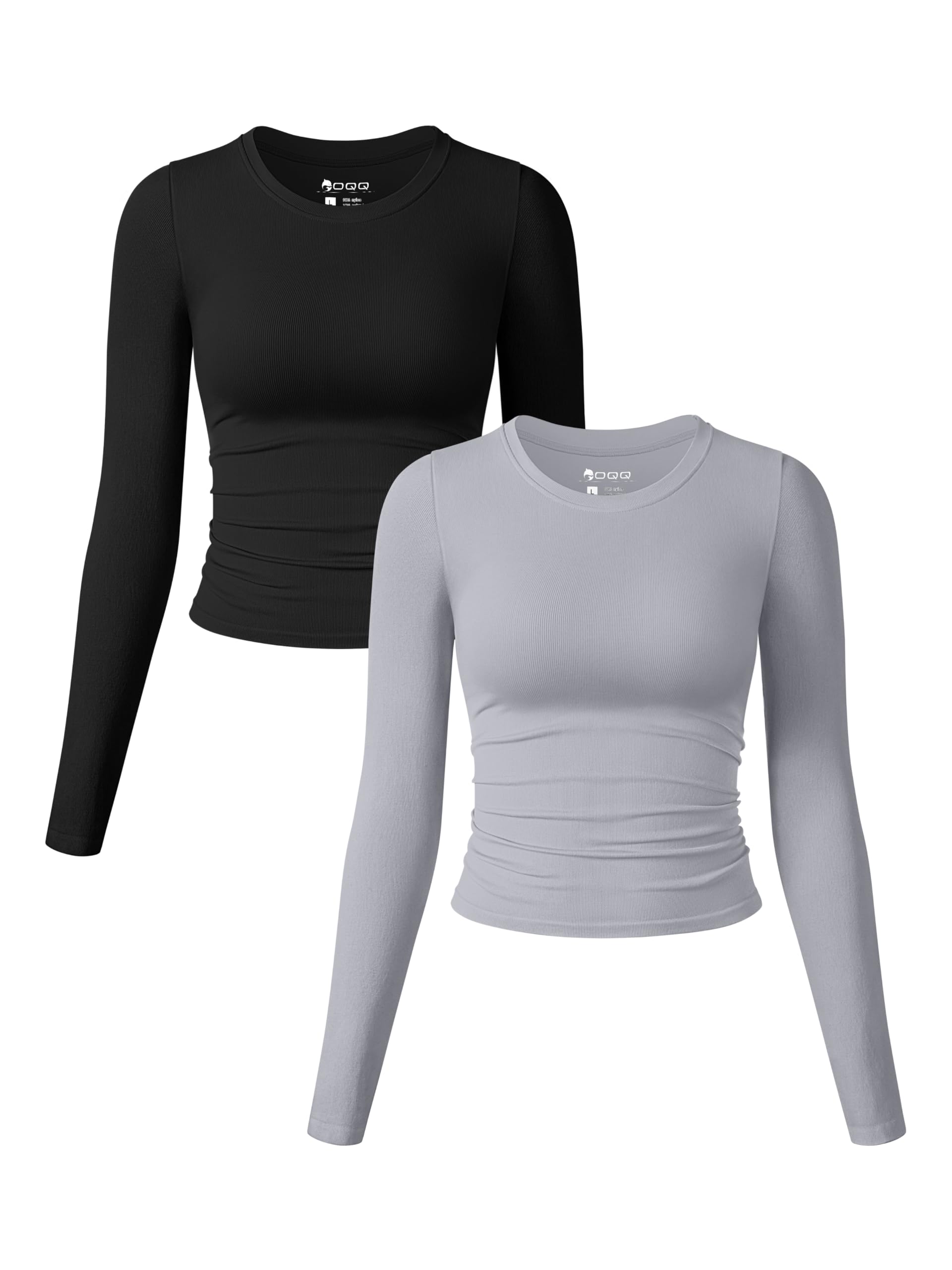 Photo 1 of OQQ Womens Long Sleeve Crew Neck Ruched Stretch Basic Fitted Tee Shirts Tops Black Grey