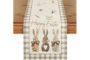 Artoid Mode Buffalo Plaid Bunny Happy Easter Table Runner, Seasonal Spring Kitchen Dining Table Decoration for Home Party Dec