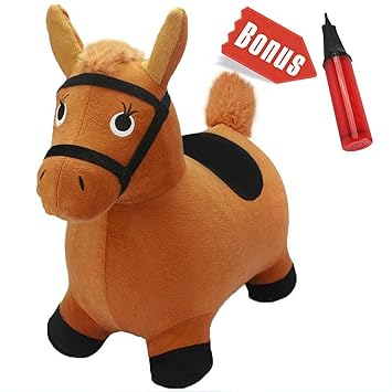 WP Brown Hopping Horse iPlay iLearn Activity Outdoors Ride-on Bouncy Animal Play Toys, Inflatable Hopper Plush Covered with Pump for Kids Toddlers Boys Girls