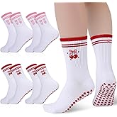 Jspupifip 4 Pairs Striped Pilates Socks with Grip for Women Embroidery Non Slip Yoga Socks with Heart Cherry Bow Patterns for Barre Workout Hospital