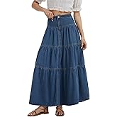 Simlakey Women’s Long Jean Skirt High Waist Tiered Ruffle Denim Maxi Skirts Flowy Swing A-Line Denim Skirt with Pockets