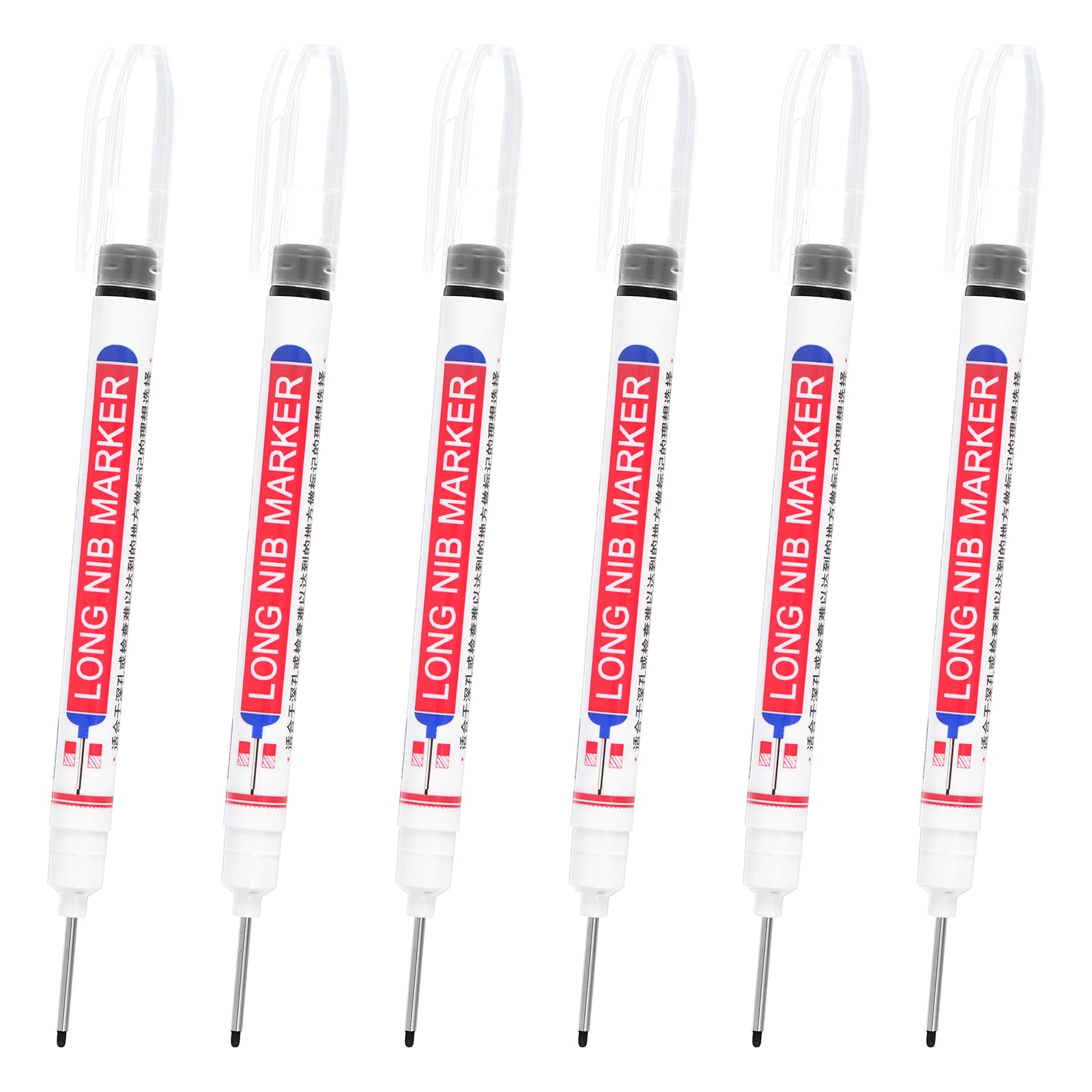 PATIKIL Deep Hole Marker Pens, 6Pcs Ink Waterproof Deep Reach Markers 22mm/0.87 Inch Long Nose Marker Scriber Pen for Woodworking Builders, Black