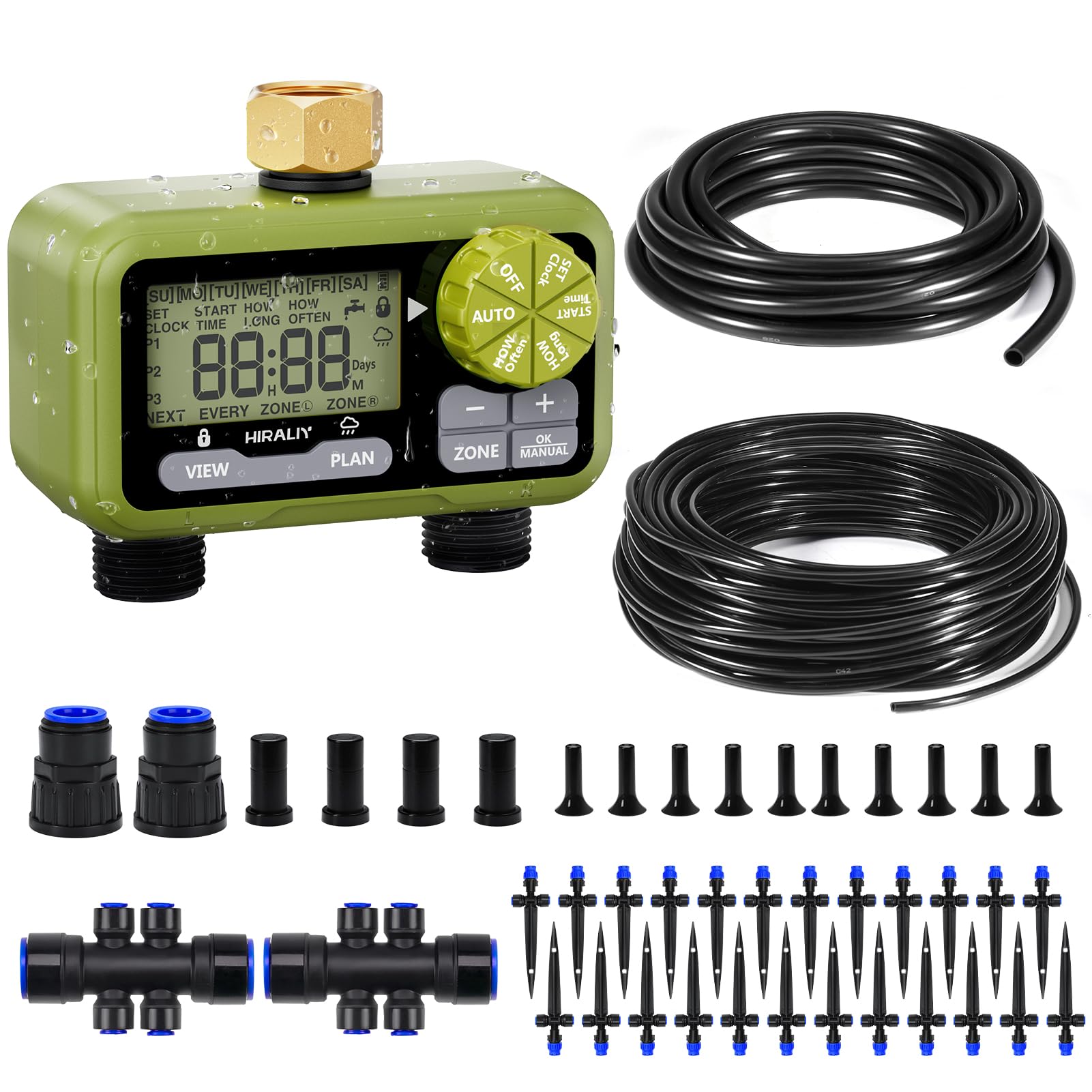 HIRALIY 100FT Garden Watering System with Garden Water Timer-2 Zone ...
