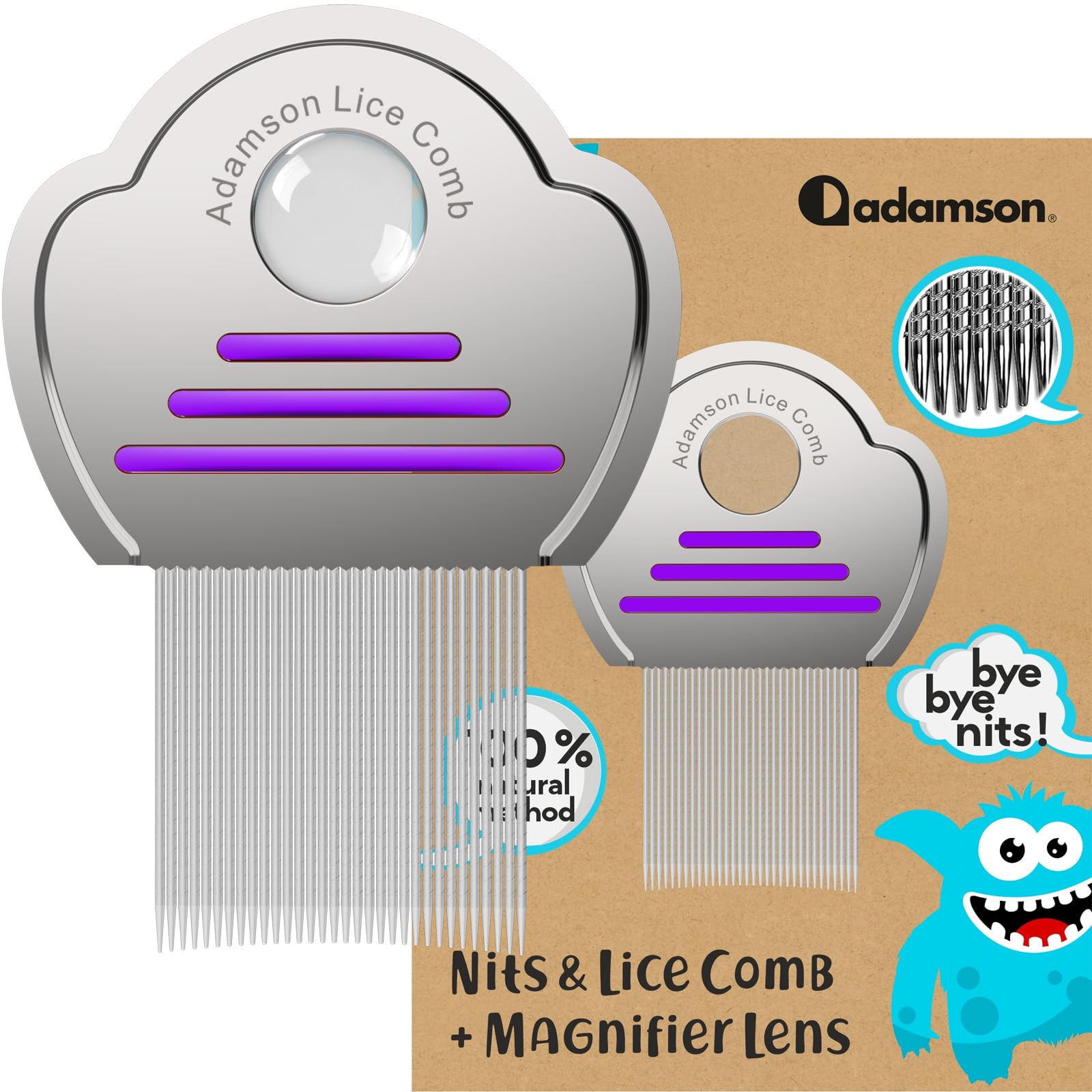 Lice Comb with Magnifying Glass - Stainless Steel - Effective Nit Comb for Thick Hair - Durable and Easy to Clean - Ideal for Kids - Purple