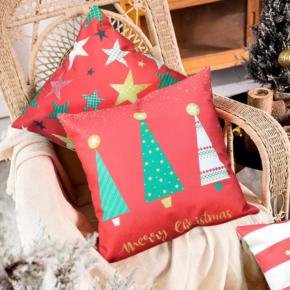 LoveHome Decor Merry Christmas Series Throw Pillow Covers,Winter Holiday Merry Christmas and Christmas Tree Farmhouse Decorations Cotton Linen Pillow Covers Set of 4,18 X 18 inch