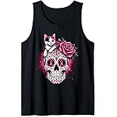 Sugar Skull Cat Pink Ribbon Calavera Breast Cancer Awareness Tank Top