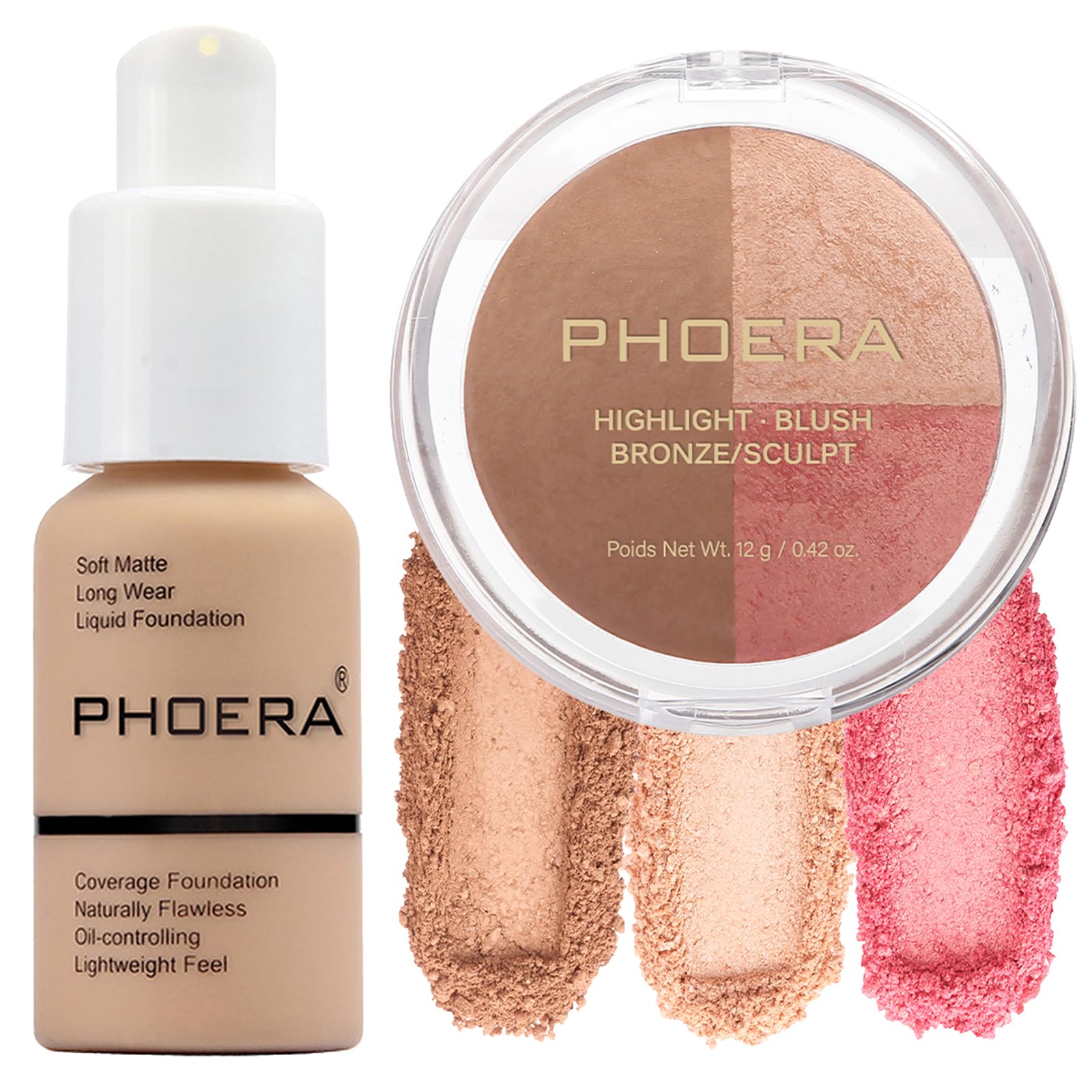 PHOERA Foundation, PHOERA Contour Palette,Shades with Highlighter & Bronzer & Blush,Up to 24 Hour Fresh Wear,PHOERA Makeup (104+ #002 Contour /Buff Beige+#002)