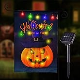 JUSHEN Halloween LED Lighted Garden Flag, Double Sided Solar Lighted Garden Flag, Vertical Halloween Pumpkin Lantern House Flag for Outdoor Yard Garden Decoration(12x18 Inch)