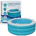 Inflatable Round Swimming Pool with Blow Up Padded Floor, Cup Holder, Handles and Drain - 60"x22" Deep Round Large Kiddie Pool Perfect for Adults and Kids Ages 4 5 6 7 8+