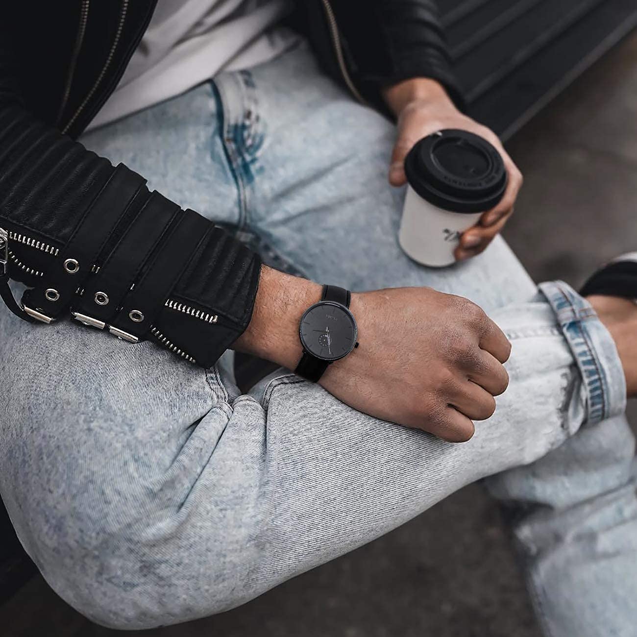 BUREI Men's Quartz Watch Black Minimalist Analog Ultra Thin Waist Watch Simple Style Stainless Steel Mesh Band