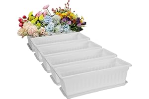 Fasmov 5 Pack 17 Inches White Flower Window Box Plastic Vegetable Planters with Trays Vegetables Growing Container Garden Flo