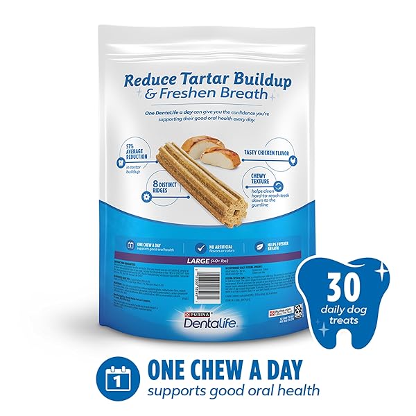 DENTALIFE DAILY ORAL CARE DOG TREATS FOR LARGE DOGS 40 PLUS LBS., CHEWY DENTAL TREAT TO FRESHEN BREATH AND FIGHT TARTAR, CHICKEN FLAVOR, 36 OZ. EACH, 30 CHEWS EACH/60 TOTAL CHEWS – 30 CT. POUCH