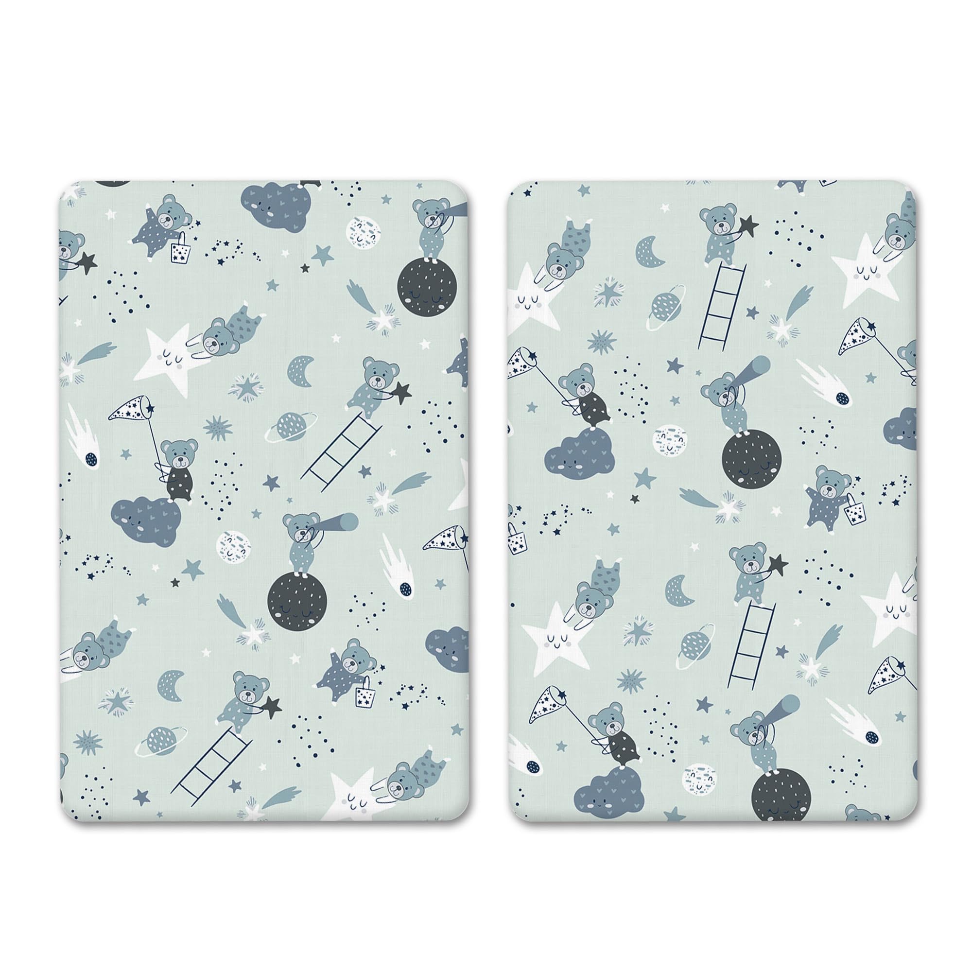 2 Pcs Crib Fitted Sheets - 100% Pure Cotton, High Thread Count, Soft & Durable (Grey - Teddy & Stars, 83-85 x 50-51 cm)