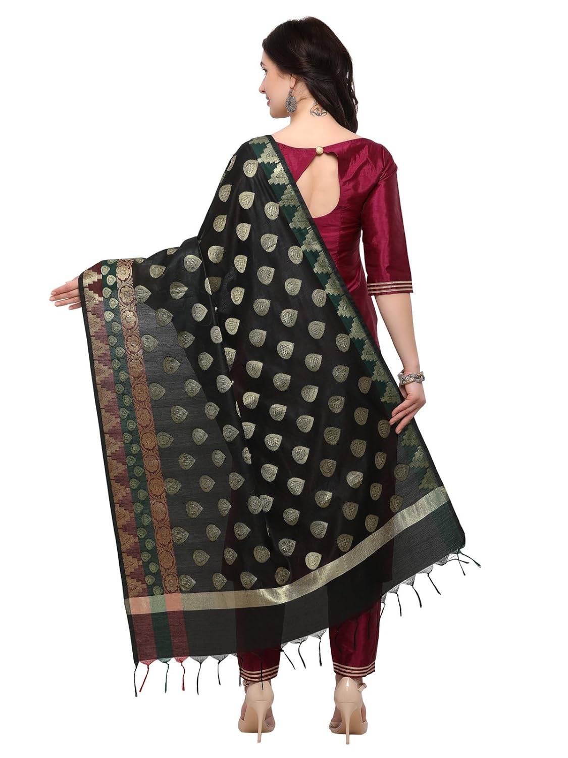 inddus women's cotton blend zari woven dupatta (ind-isk-527-b-dp, black and gold)