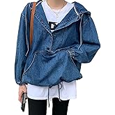 Sexyshine Women's Hooded Denim Sweatshirt Button Down Hoodie Pullover Loose Denim Blouse Jean Jacket With Big Pocket