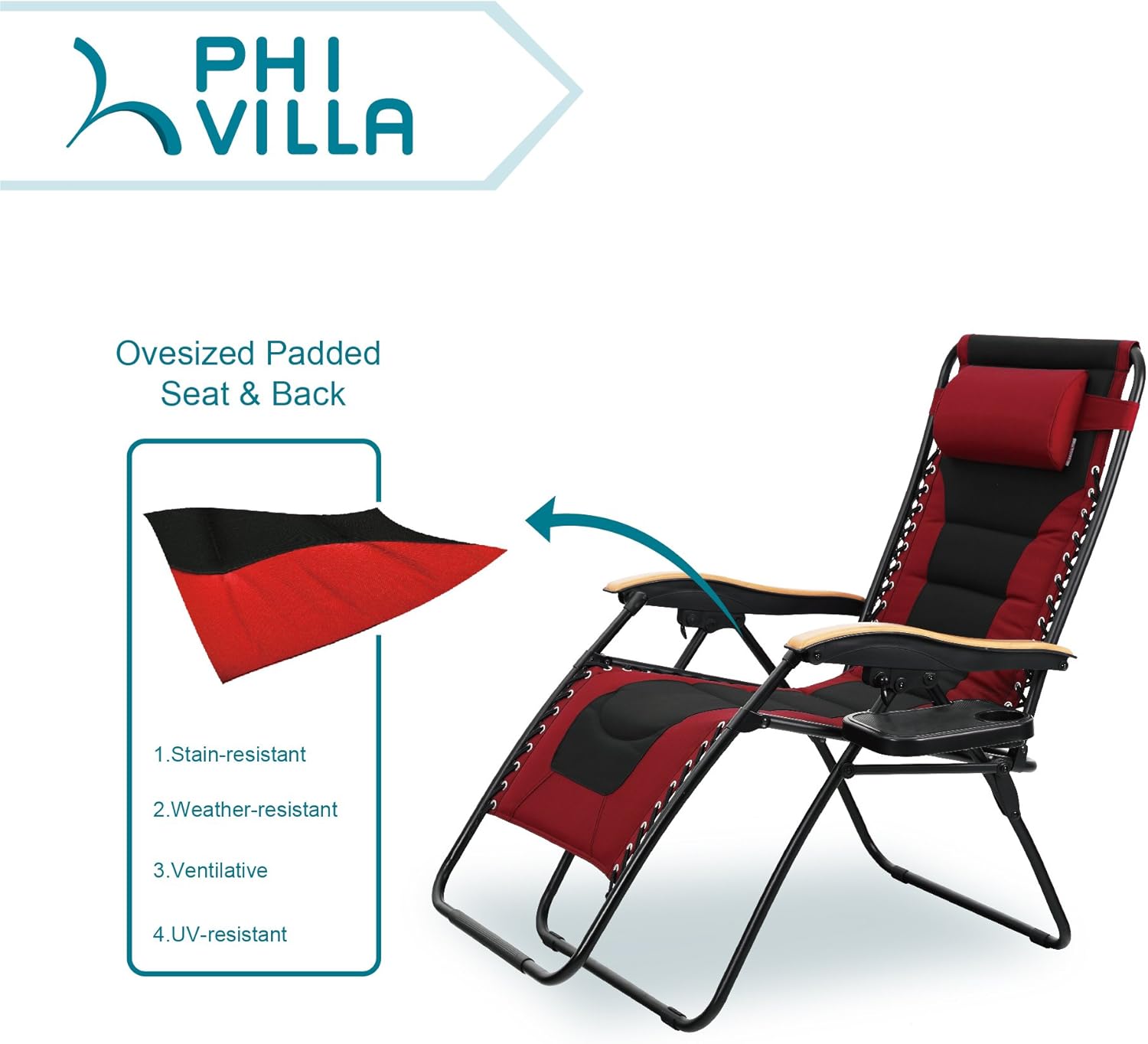 PHI VILLA Oversize XL Padded Zero Gravity Lounge Chair Wider Armrest Adjustable Recliner with Cup Holder, Support 350 LBS, Red : Garden & Outdoor
